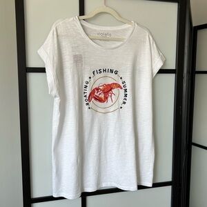 [L] Violeta NWT Women’s White Cotton Short Sleeve T-Shirt Summer Lobster Graphic